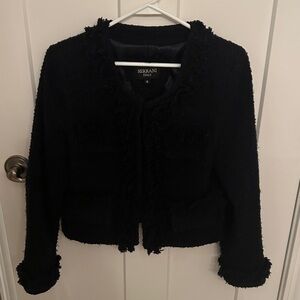 Chanel-Style Serrani Italy Navy Blue  Ruffled Boucle Jacket, size 10